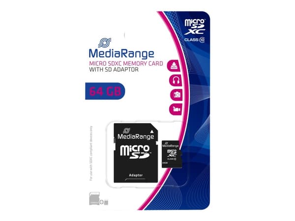 MediaRange - Flashminnekort (microSDXC til SD-adapter inkludert) - 64 GB - Class 10 - microSDXC - svart