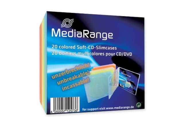 MediaRange Retail-Pack CD-Soft-Slimcase Color (5x4) - Tynn CD-oppbevaringseske - kapasitet: 1 CD - hvit, blå, gul, oransje, rosa (en pakke 20)