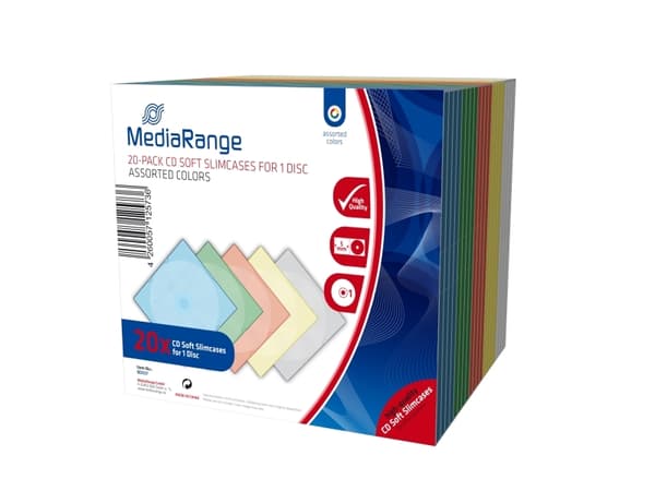 MediaRange Retail-Pack CD-Soft-Slimcase Color (5x4) - Tynn CD-oppbevaringseske - kapasitet: 1 CD - hvit, blå, gul, oransje, rosa (en pakke 20)