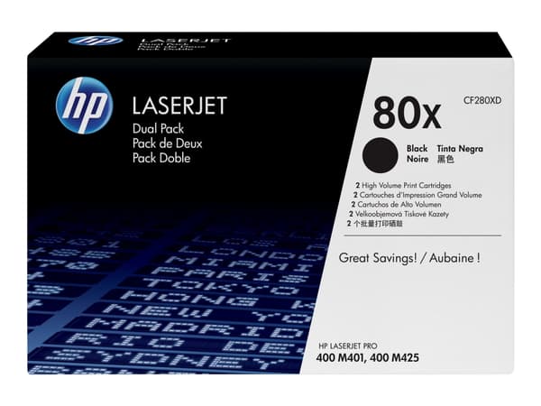 HP 80X - 2-pack - Høy ytelse - svart - original - LaserJet - tonerpatron (CF280XD) - for LaserJet Pro 400 M401, MFP M425