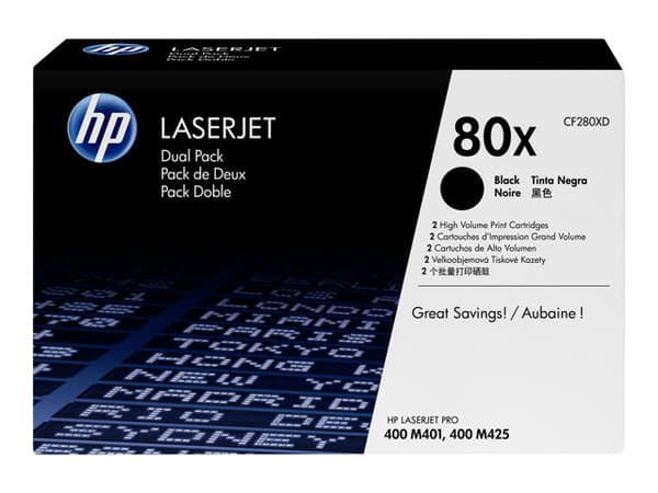 HP 80X - 2-pack - Høy ytelse - svart - original - LaserJet - tonerpatron (CF280XD) - for LaserJet Pro 400 M401, MFP M425