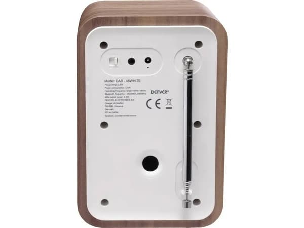 Denver DAB-48WHITE, Henkilökohtainen, Digitaalinen, DAB+, FM, 2,5 W, 3,5 mm, Valkoinen, Puu