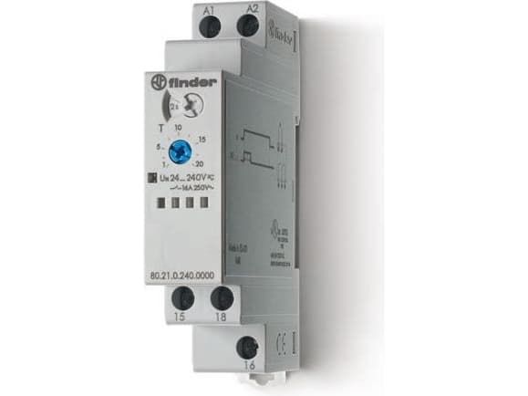Finder tidrelä tillslag frånslag torkare 80.21.0.240.0000 80.21.0.240.0000 24 - 240 V DC/AC 1 växlingskontakt 16 A 400 V/AC (AC1) Max (80.21.0.240.00