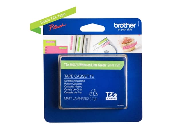 Brother TZe-MQG35 - Standardlim - vitt på limegrön - Rulle (1,2 cm x 5 m) 1 kassett(er) bandlaminat - för Brother PT-D210, D600, H110; P-Touch PT-188