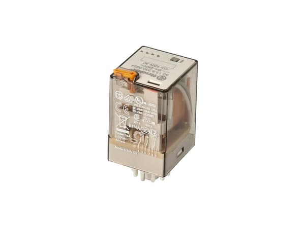 FINDER Industrirelæ 10A, for 11 polet sokkel, 3CO, 230VAC spole, låsbar testknap, mekanisk indikator og LED. Passer til sokkel serie 90.