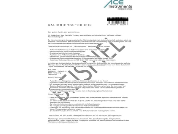 ACE 100082 Kalibreringssertifikat