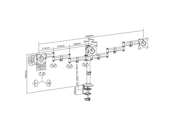 InLine 23104B, 16 kg, 33 cm (13"), 33 cm (13"), 75 x 75 mm, 100 x 100 mm, Høydejustering