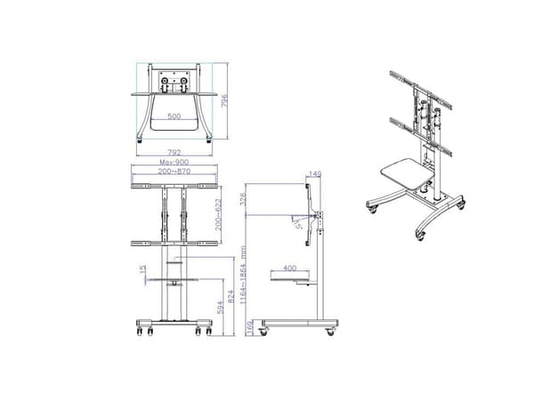 Value 17.99.1165, 125 kg, 81,3 cm (32"), 2,54 m (100"), 200 x 200 mm, 800 x 400 mm, 116 - 185 mm