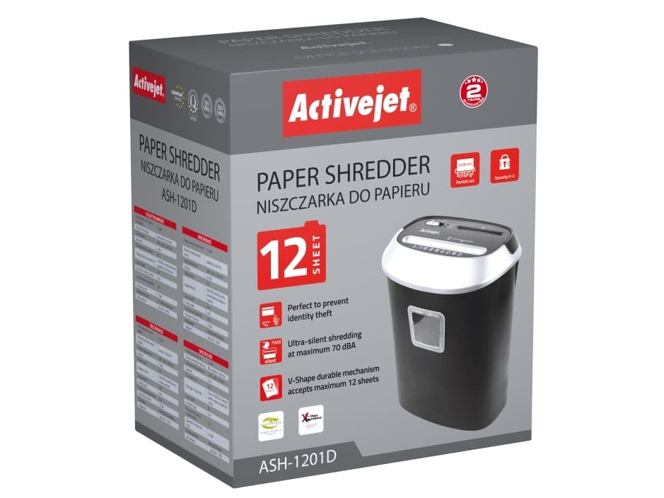 Activejet ASH-1201D paper and documents shredder, Längsgående skärning, 22 cm, 25 l, 70 dB, Knappar, 2250 mm/min
