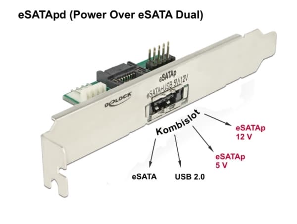 Delock Slot bracket 1 x eSATApd 5 V / 12 V - Intern til ekstern SATA-panel - 4-pin mini-strømkontakt, SATA, 9-pins USB-header til 11 pin USB/eSATA (5