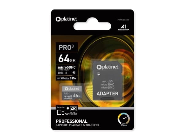 Platinet PMMSDX64UIII, 64 GB, MicroSDXC, UHS-III, 90 MB/s, 30 MB/s, Sort
