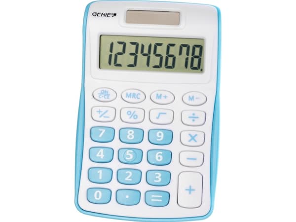 Genie 120 B, Lomme, Skjerm, 8 sifre, 1 linjer, Batteri/Solcelle, Blå, Hvit