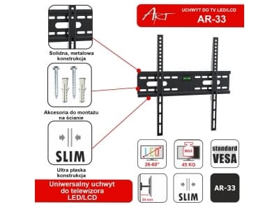 ART AR-33 - Brakett - fast - for LCD-TV - metall - svart - skjermstørrelse: 26"-60" - veggmonterbar