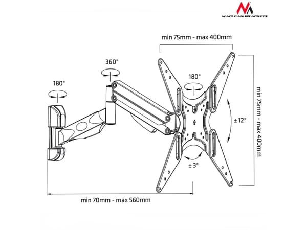 Maclean MC-784 - Monteringssett (monteringsarm for enkeltskjerm) - for flatpanel - metall - svart - skjermstørrelse: 32"-55" - veggmonterbar