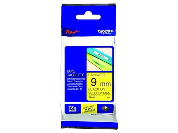 Brother TZe-621 - Svart på gult - Rull (0,9 cm x 8 m) 1 kassett(er) laminert teip - for Brother PT-D210, D600, H110, H200; P-Touch PT-1005, 1880, E31