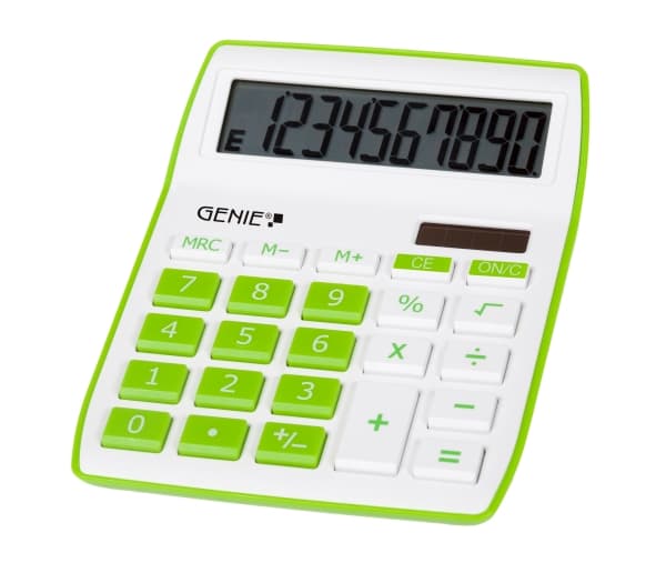 Genie 840 G, Skrivbord, Display, 10 siffror, Visa tippning, Batteri/solcell, Grön, Vit