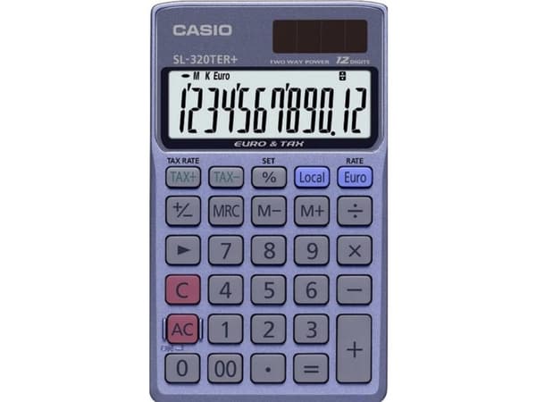 Casio SL-320TER+, Tasku, Perus, 12 lukua, 1 linjat, Akku/Aurinko, Sininen