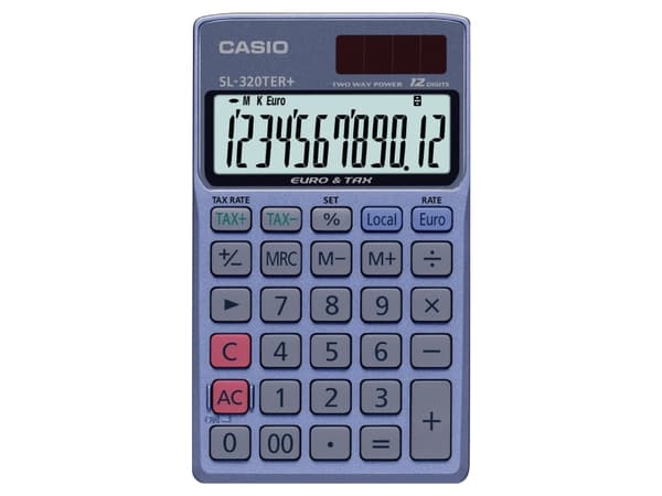 Casio SL-320TER+, Tasku, Perus, 12 lukua, 1 linjat, Akku/Aurinko, Sininen