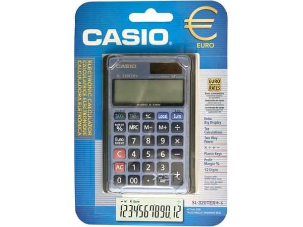 Casio SL-320TER+, Tasku, Perus, 12 lukua, 1 linjat, Akku/Aurinko, Sininen