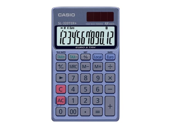 Casio SL-320TER+, Tasku, Perus, 12 lukua, 1 linjat, Akku/Aurinko, Sininen