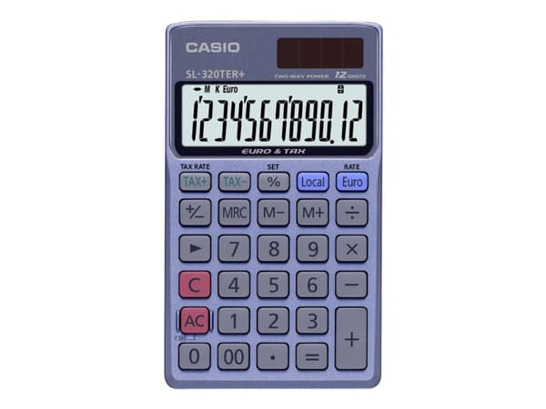 Casio SL-320TER+, Tasku, Perus, 12 lukua, 1 linjat, Akku/Aurinko, Sininen Sininen