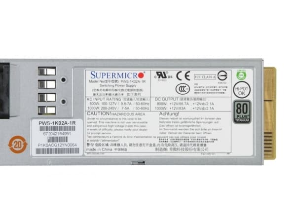 Supermicro PWS-1K02A-1R - Sähköverkkomoduuli (indstiksmodul) - 80 PLUS Titanium - AC 120/230 V - 1000 Wattia