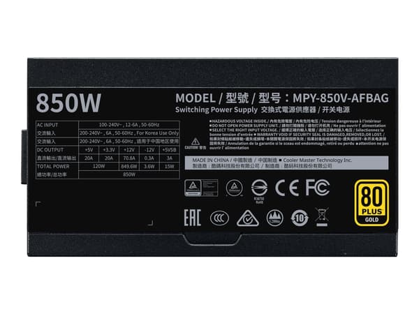 Cooler Master V850 Gold-V2, 850 W, 100 - 240 V, 50 - 60 Hz, 13 - 6 A, Aktiivinen, 130 W