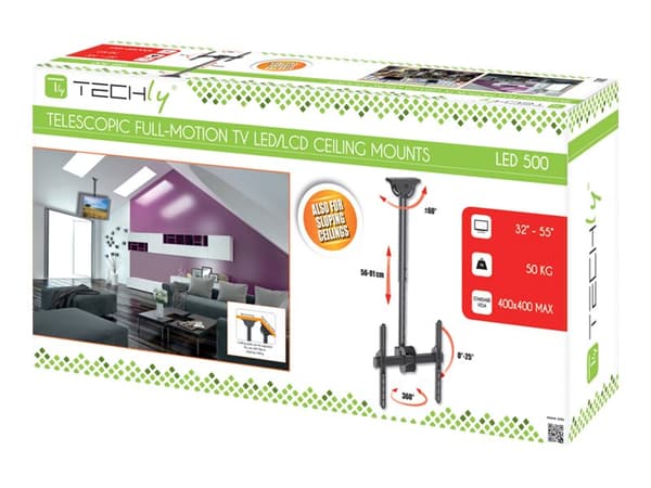 TECHly - Monteringssats (takmontering, monteringskonsol, teleskoppåle) - för platt panel - stål - svart - skärmstorlek: 32"-55" - takmonterbar Svart