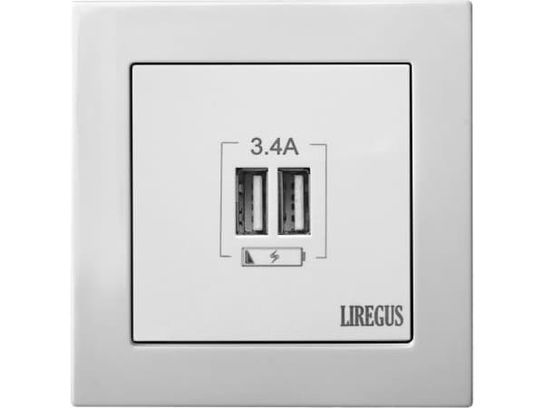 Liregus Upotettava USB-laturi EPSILON, kaksinkertainen, valkoinen, 220V, 50-60Hz, 3,4A