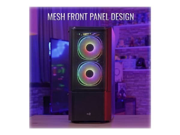 AeroCool Quantum Mesh - MDT - ATX - sidepanel med vindue (hærdet glas) - ingen strømforsyning (ATX) - sort - USB/Lyd