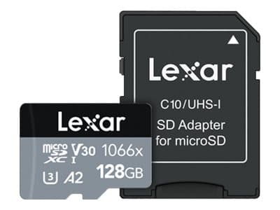 Lexar Professional SILVER series - Flashminnekort (microSDXC til SD-adapter inkludert) - 128 GB - A2 / Video Class V30 / UHS-I U3 / Class10 - 1066x -