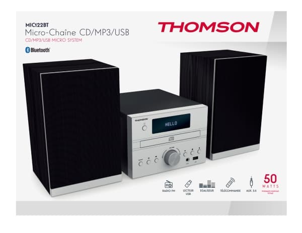 Thomson MIC122BT, Kodin mikroaudiojärjestelmä, Musta, Hopea, Etu, 50 W, FM, Automaattinen skannaus