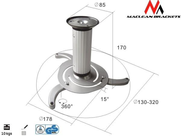 Maclean MC-515S - Asennussarja (kattoasennukseen) - projektorille - metalli - hopea - kattoon asennettava