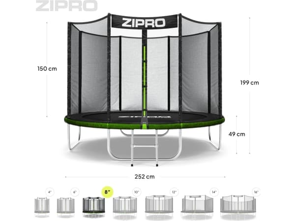Zipro-puutarhatrampoliini Jump Pro 8FT 252cm ulkoverkolla + kenkälaukku ILMAISEKSI!