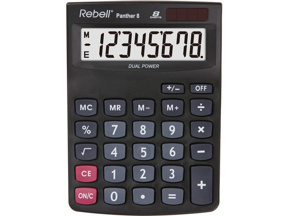 Rebell Panther 8, Skrivbord, Grundläggande, 8 siffror, 1 linjer, Batteri/solcell, Svart