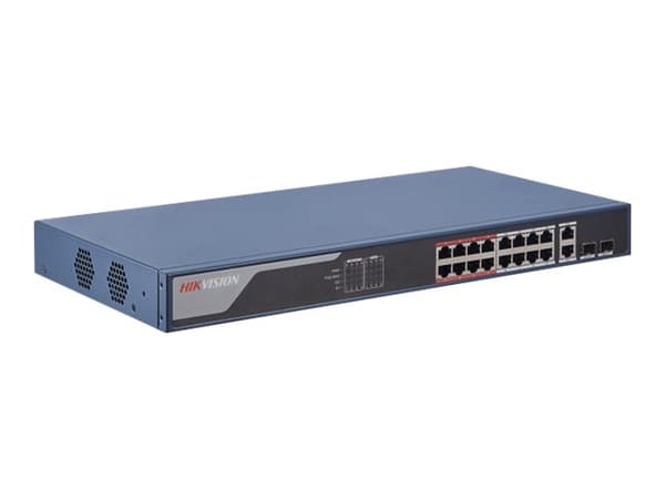 Hikvision DS-3E1318P-EI - Switch - Styrt - 16 x 10/100 (PoE+) + 2 x kombo Gigabit - stasjonær - PoE+ (230 W) Blå