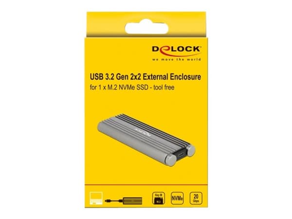 DeLOCK 42001, SSD-kotelo, M.2, M.2, 20 Gbit/s, USB-liitettävyys, Hopea