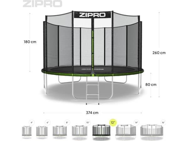 Zipro Jump Pro hagetrampolin med 12FT 374cm utvendig mesh + GRATIS skoveske!