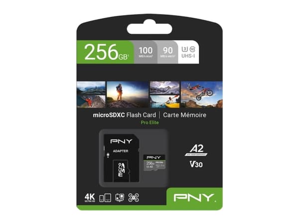 PNY P-SDU256V32100PRO-GE, 256 GB, MicroSDXC, klasse 10, UHS-I, 100 MB/s, 90 MB/s