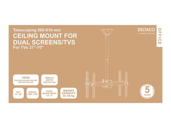 DELTACO Office ARM-0403 - Monteringssett (takmontering) - rygg-mot-rygg, teleskopisk - for 2 LCD/plasma-paneler - svart - skjermstørrelse: 37"-70" Sort