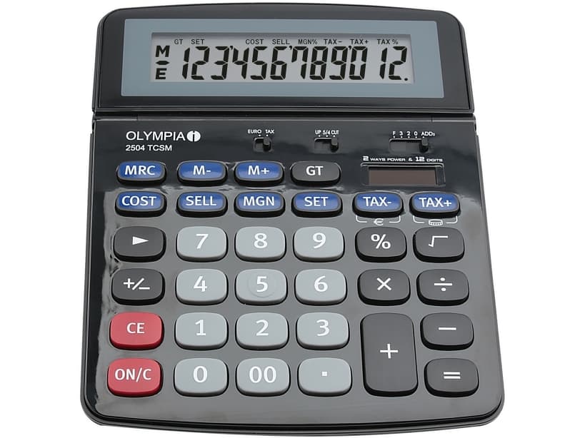 Olympia 2504, Skrivbord, Finansiell, 12 siffror, Batteri/solcell, Svart, Blå, Grå