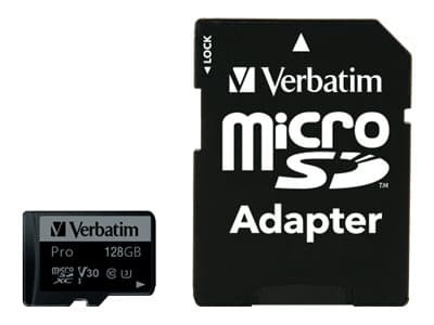 Verbatim PRO - Flashminnekort (microSDXC til SD-adapter inkludert) - 128 GB - Video Class V30 / UHS-I U3 / Class10 - 300x/600x - microSDXC UHS-I