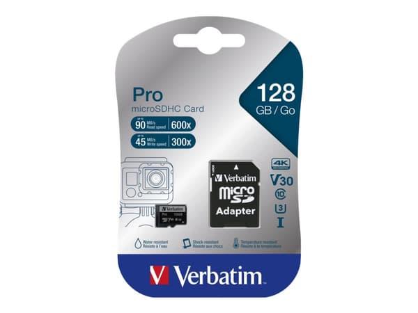 Verbatim PRO - Flashminnekort (microSDXC til SD-adapter inkludert) - 128 GB - Video Class V30 / UHS-I U3 / Class10 - 300x/600x - microSDXC UHS-I
