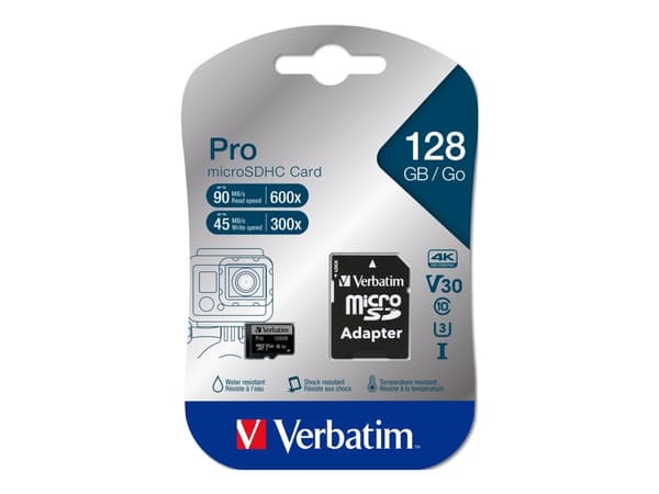 Verbatim PRO - Flashminnekort (microSDXC til SD-adapter inkludert) - 128 GB - Video Class V30 / UHS-I U3 / Class10 - 300x/600x - microSDXC UHS-I