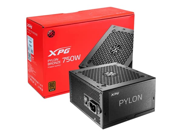 XPG Pylon, 750 W, 100 - 240 V, 50 - 60 Hz, Ylivirta, Yliteho, Ylijännite, Ylikuumeneminen, Oikosulku, Alijännite, 20+4 pin ATX, Ei-modulaarinen