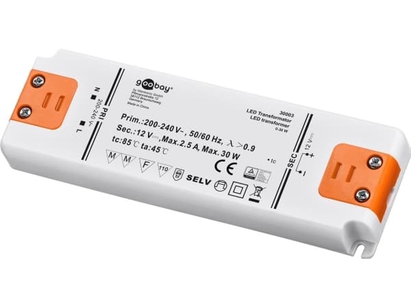 Goobay 30003, elektronisk lystransformator, oransje, hvit, IP20, -20 - 45 °C, CE, RoHS-direktiv 2011/65/EU [OJEU L174/88-110, 01.07.2011, 30 W