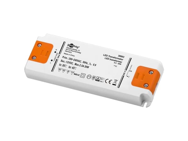 Goobay 30003, elektronisk lystransformator, oransje, hvit, IP20, -20 - 45 °C, CE, RoHS-direktiv 2011/65/EU [OJEU L174/88-110, 01.07.2011, 30 W