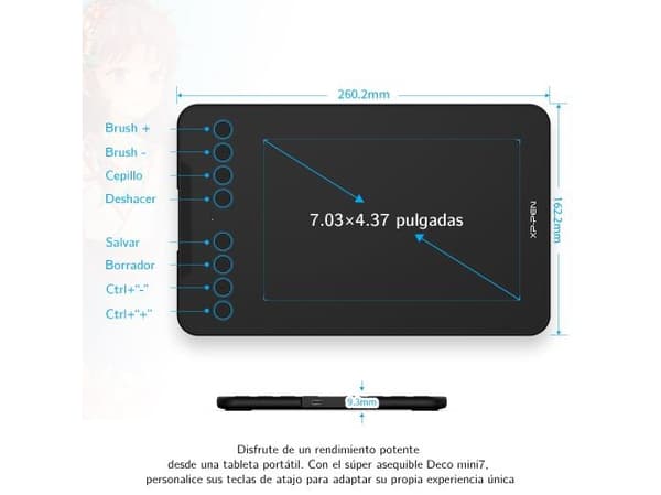 XPPen DECO MINI 7, Koblet med ledninger (ikke trådløs), 5080 Ipi, 177,8 x 111,1 mm, USB, 1 cm, Penn