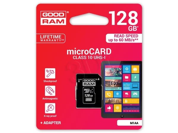 Goodram 128 GB Micro SDXC, 128 GB, MicroSDXC, Class 10, UHS-I, 60 MB/s, svart