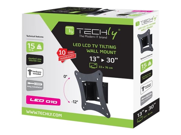 Techly ICA-LCD-900, 33 cm (13"), 76,2 cm (30"), 100 x 100 mm, 100 x 100 mm, 0 - 12°, Musta musta